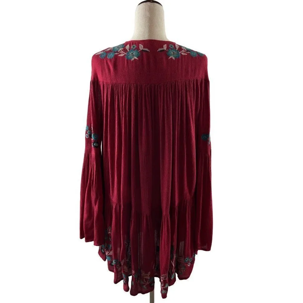 Free People Te Amo Embroidered Mini Dress Red XS Flared Sleeve Flowy Oversized
